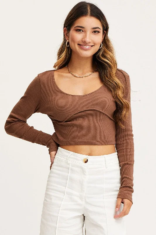 women's tops for those who want to show off their figure in a flattering wayBrown Top Long Sleeve Round Neck