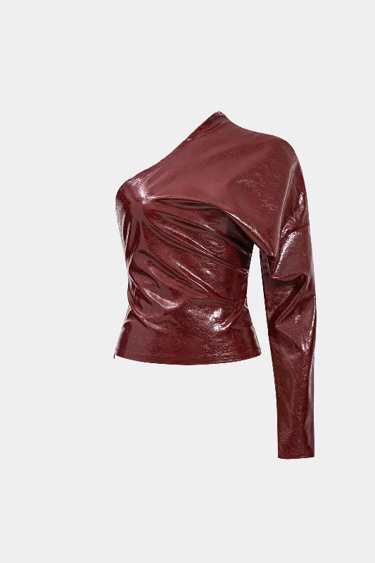 cropped women's topsFaux Leather One Shoulder Asymmetrical Long-Sleeve Shirt