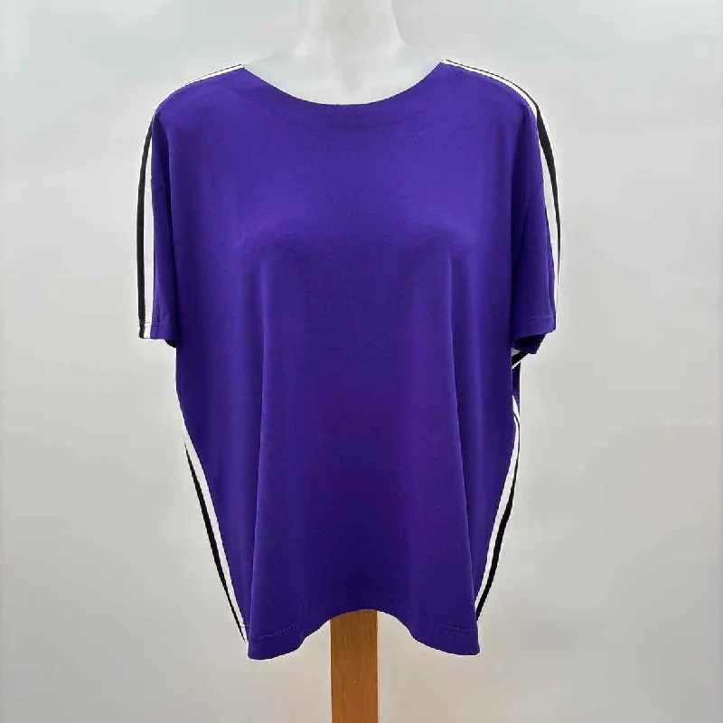 women's tops with sheer overlaysNorma Kamali Women's Size M Purple Stripe Short Sleeve Shirt