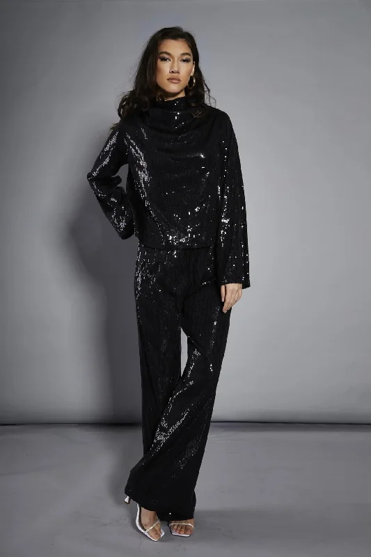 women's tops for those who want to create outfits that are both unique and memorableBlack Sequin High-Neck Long Sleeve Blouse