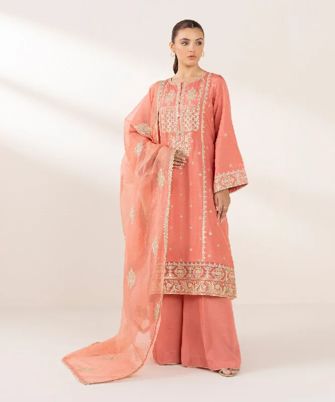 women's tops with bell sleeves3 Piece - Embroidered Raw Silk Suit