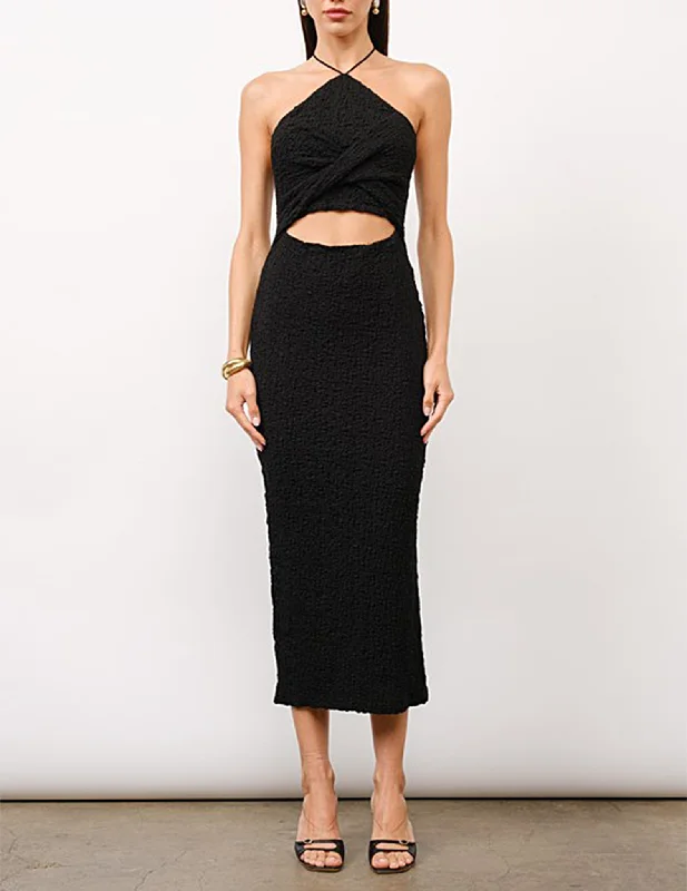 women's midi dressesAudrina Textured + Twisted Peekaboo Halter Dress