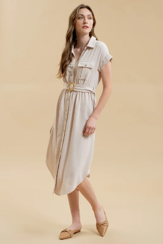 Halter DressCollared Button Down Belted Dress - Light Khaki