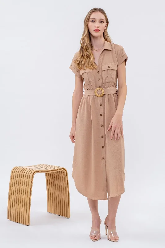 women's wedding guest dressesCollared Button Down Belted Dress - Mocha