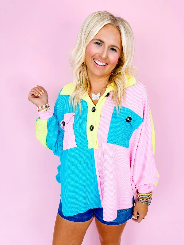 women's bespoke dressesKAMERON COLORBLOCK BUTTON UP TOP - BLUE/PINK