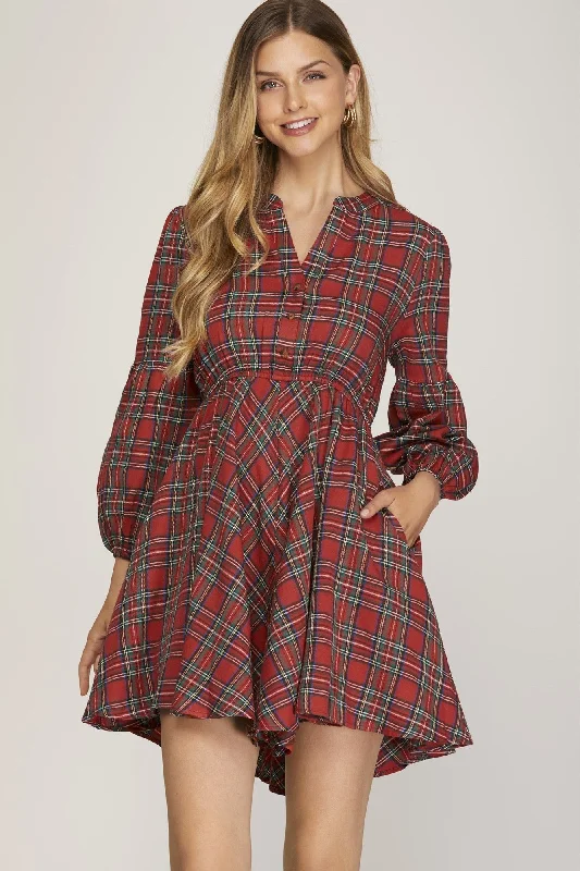 women's wedding guest dressesWinter Wishes Plaid Dress - Red